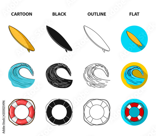 Oncoming wave, life ring, goggles, girl surfing. Surfing set collection icons in cartoon,black,outline,flat style vector symbol stock illustration web.