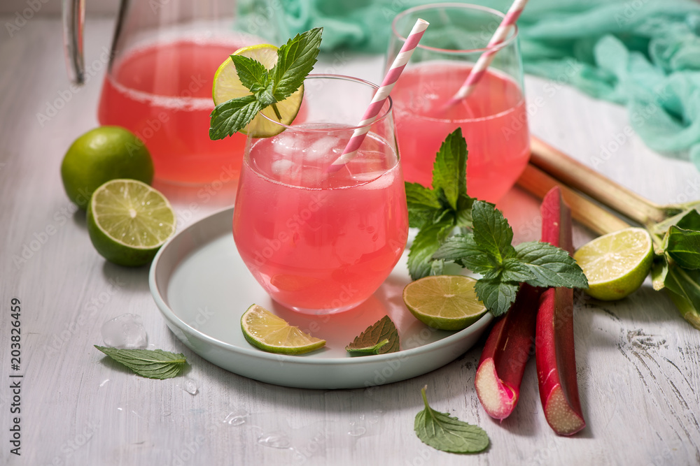 Refreshing summer rhubarb lemonade drink with lime and mint Refreshing summer rhubarb lemonade drink with lime and mint