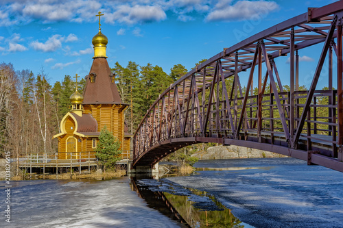 Vuoksa River and the Church of St. Andrew the First-Called. Leningrad region, Russia