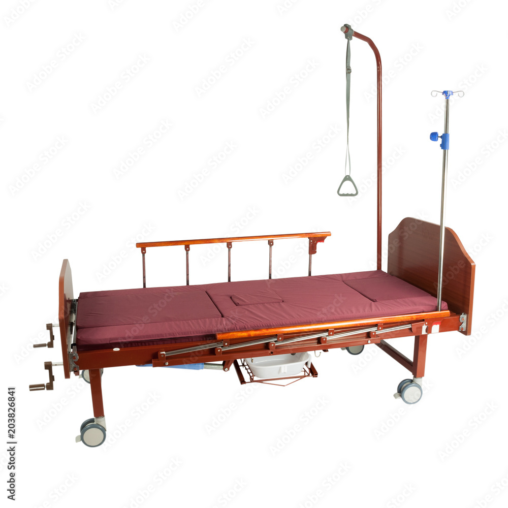 Medical brown metal bed transformer on wheels with accessories and isolated on white Medical brown metal bed transformer on wheels with accessories and isolated on white
