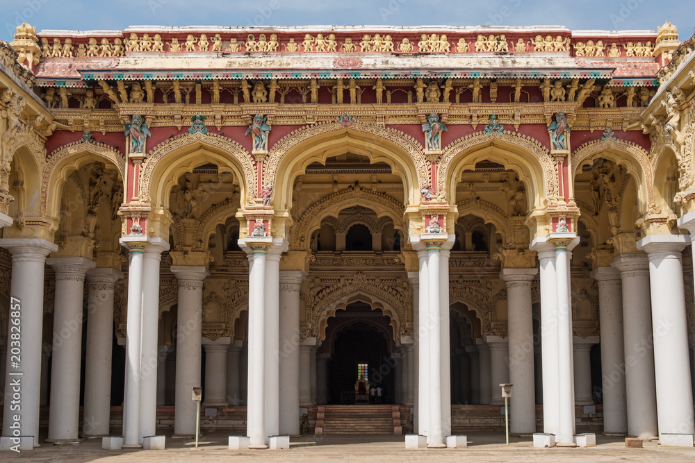 Decorative archways at the entrance to the 17th century Nayak Palace in Madurai, India. In the present day it is used as a grand performance venue