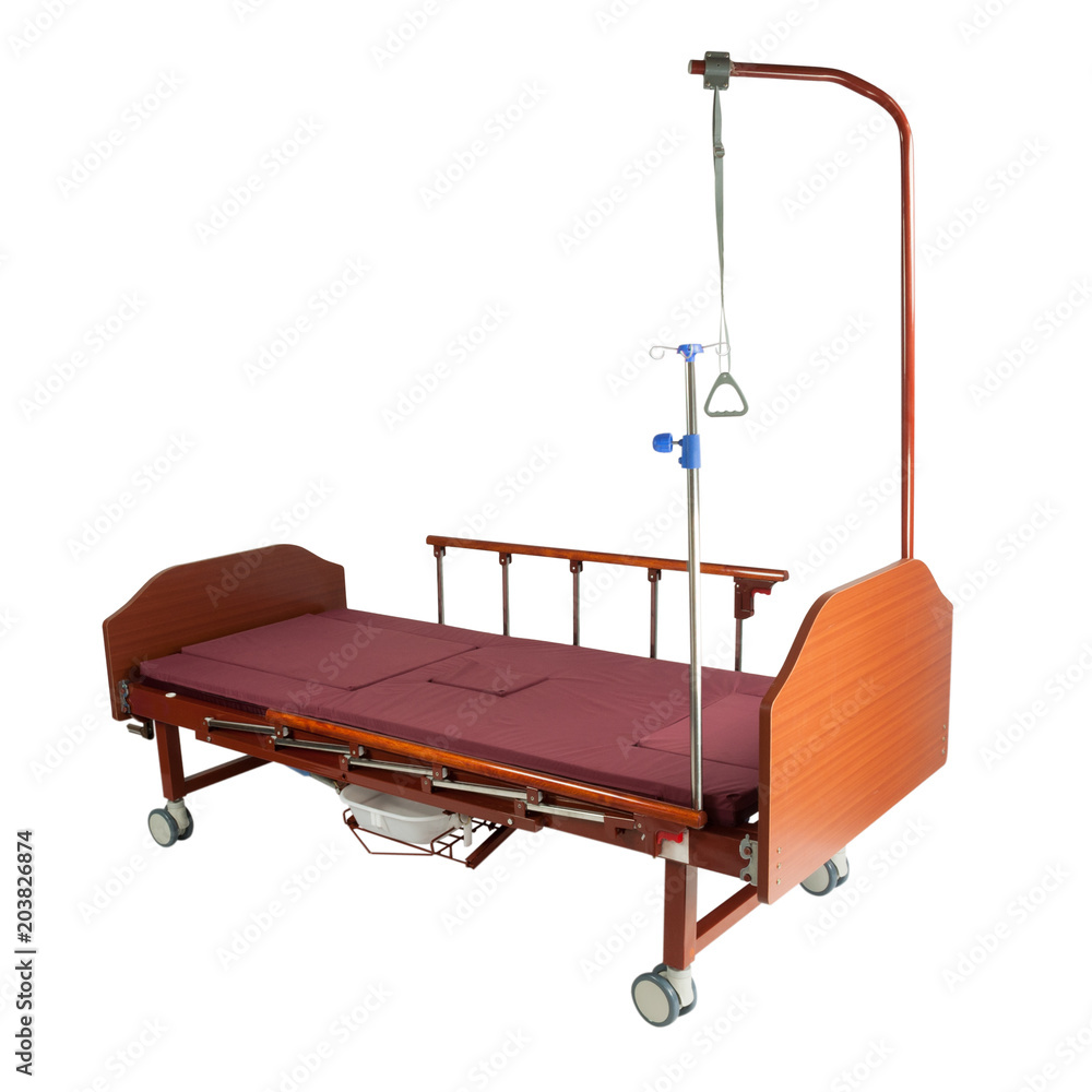 Medical brown metal bed transformer on wheels with accessories and isolated on white