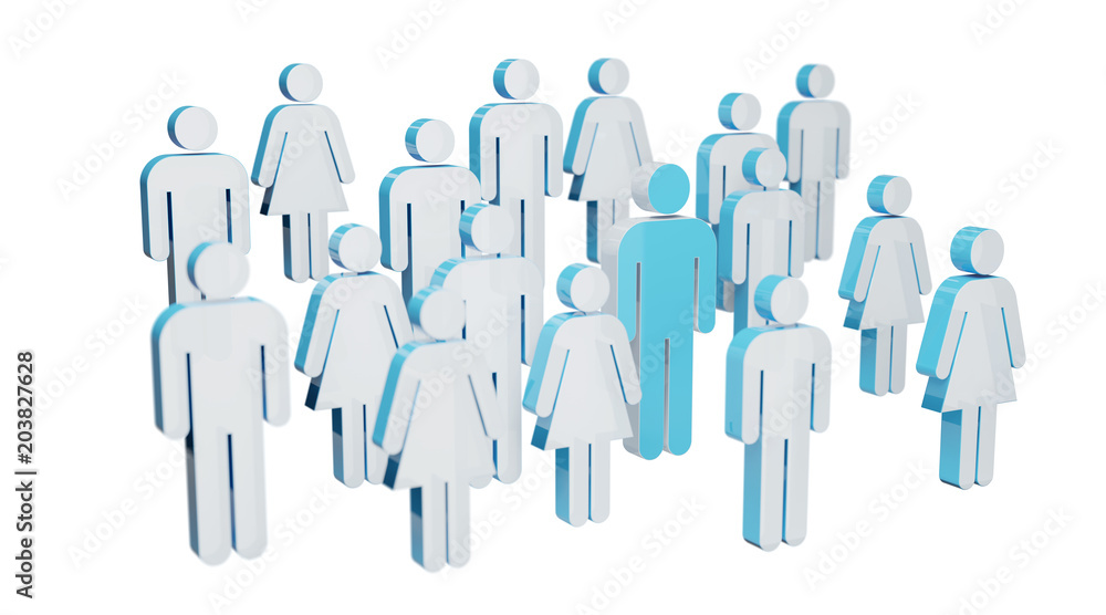 3D rendering group of people with blue man in middle 3D rendering group of people with blue man in middle