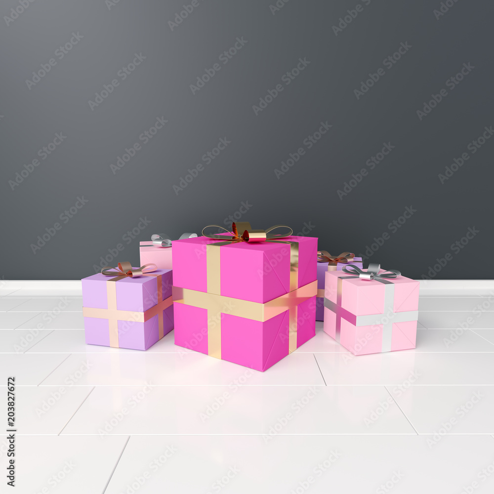 Bunch Of Gift Boxes On White Reflection Floor. 3D Rendering