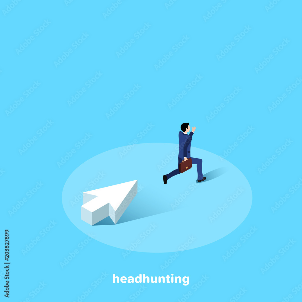 a man in a business suit with a briefcase running away from a big white arrow, an isometric image a man in a business suit with a briefcase running away from a big white arrow, an isometric image