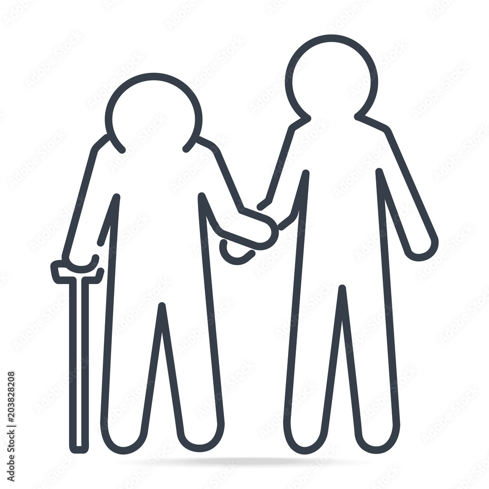 Man helps elderly patient icon. Health care elderly concept simple line icon Man helps elderly patient icon. Health care elderly concept simple line icon