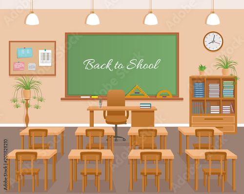 School classroom with chalkboard, student desks and teacher's desk. School class room interior design with text on chalkboard.