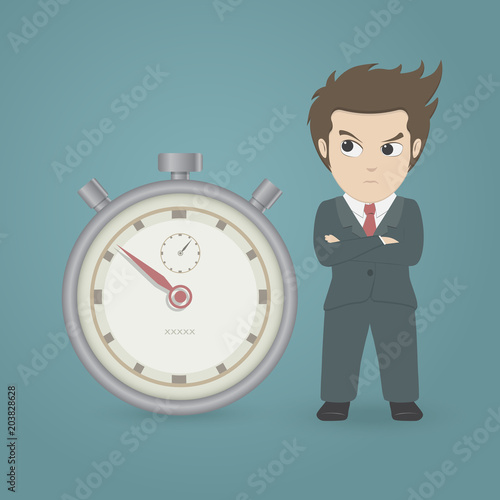 Businessman standing and thinking with stopwatch.