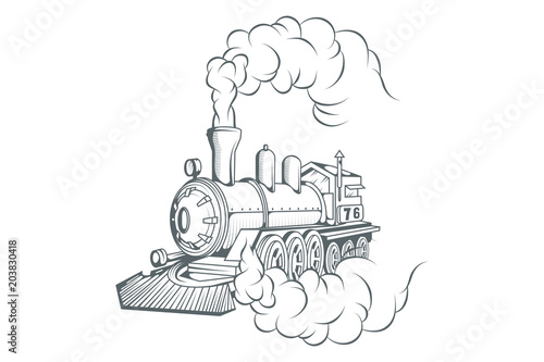 Old train logo. Locomotive drawing. Steam transport. Vector graphics to design.