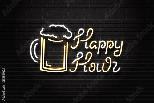 Vector realistic isolated neon sign of Happy Hour lettering logo with beer for decoration and covering on the wall background. Concept of night club, free drinks, bar counter and restaurant.
