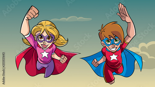 Illustration of happy super boy and super girl flying high in the sky side by side.
