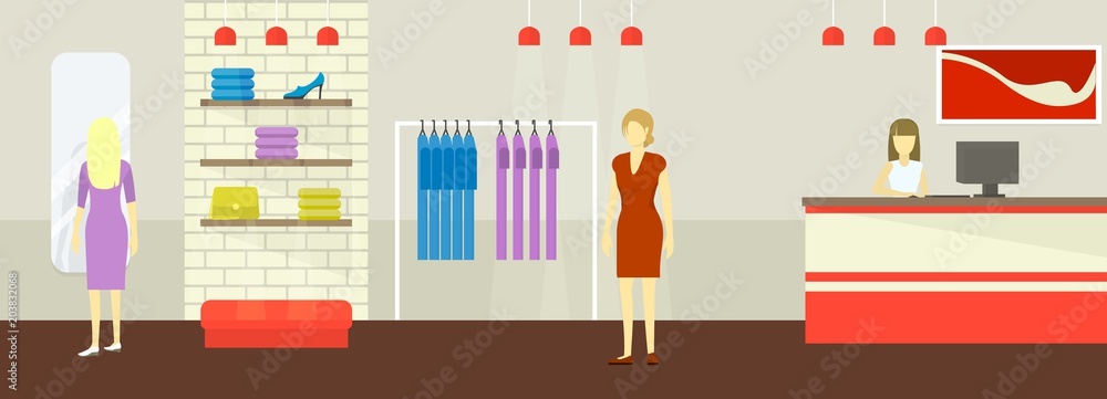 Interior of the boutique store of women clothing and shoes in a flat style. Shoppers in a women s clothing store. Vector illustration Interior of the boutique store of women clothing and shoes in a flat style. Shoppers in a women s clothing store. Vector illustration
