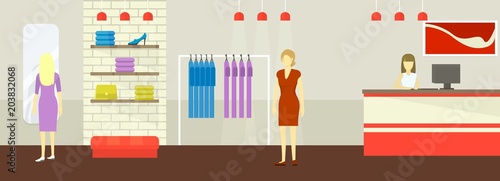 Interior of the boutique store of women clothing and shoes in a flat style. Shoppers in a women s clothing store. Vector illustration