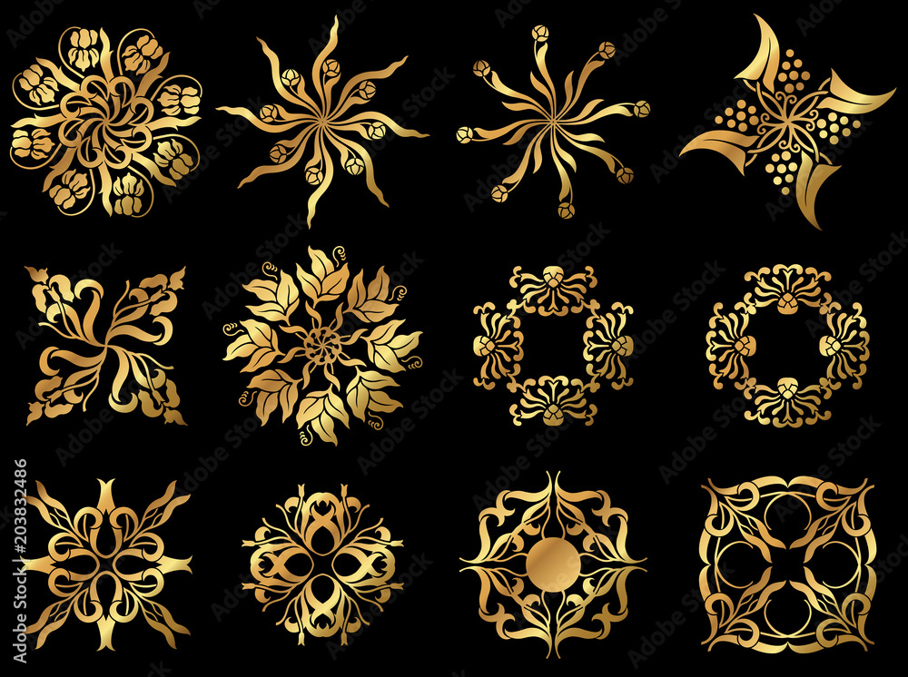 A set of golden floral design icons.