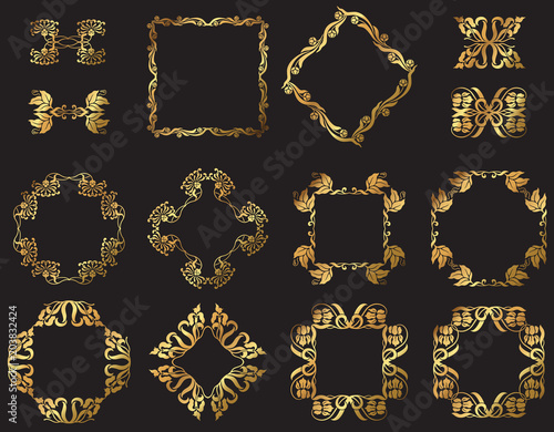 A set of golden floral design frames and borders