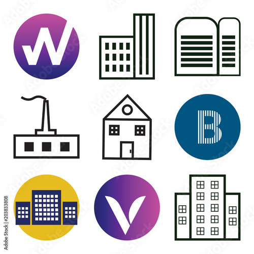 Set Of 9 simple editable icons such as Apartment, V, Apartment