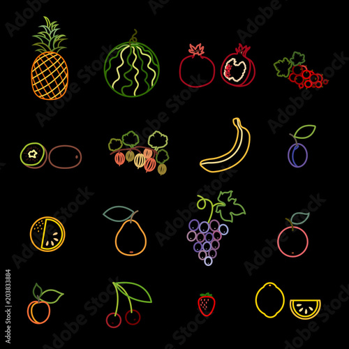 Set of fruit and berry line icons. Pineapple, watermelon, pomegranate, currant, kiwi, gooseberry, banana, plum, orange, pear, grapes, apple, apricot, cherry, strawberry and lemon. Vector Illustration photo