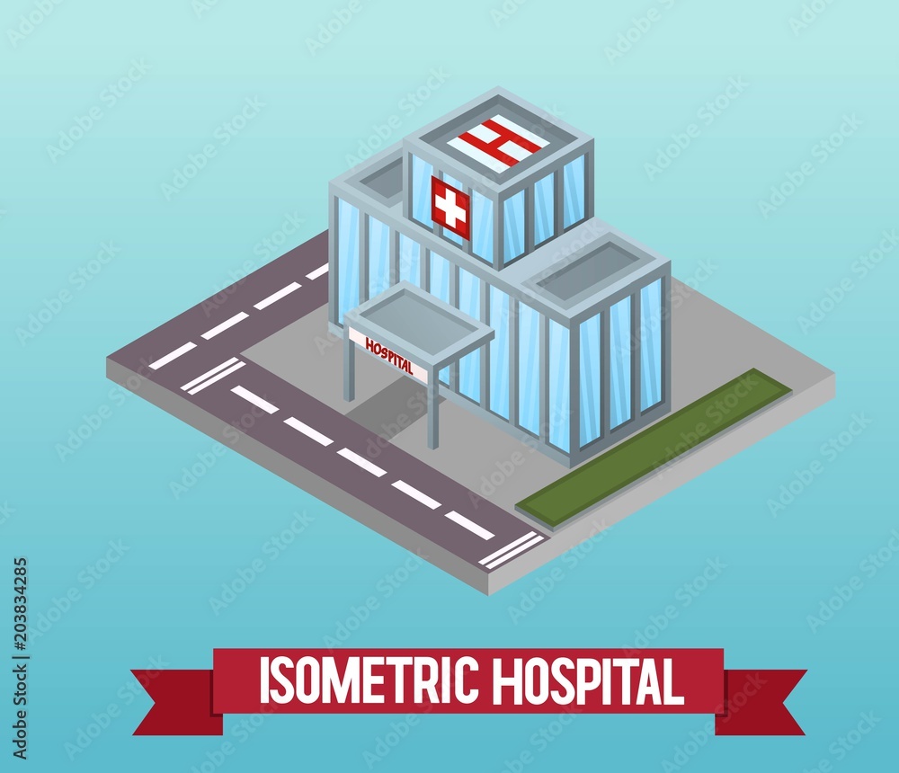 Fototapeta premium Vector low poly isometric 3d hospital. Vector isometric icon or infographic element representing a healthcare building. Detailed street with a clinic. Vector illustration
