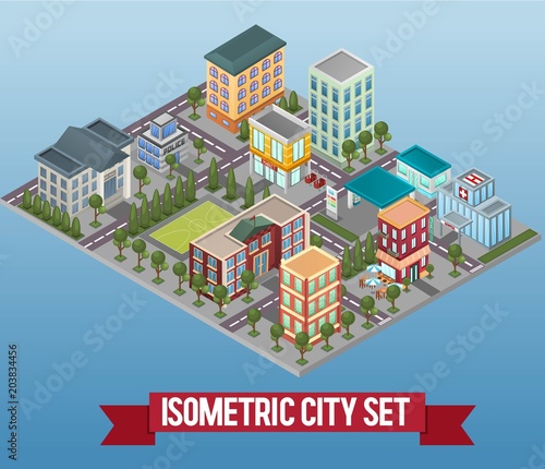Vector isometric low poly city district with commercial public and private buildings. Big isometric set of infrastructure related items. Market, school,hospital, gas station, cafe and city hall