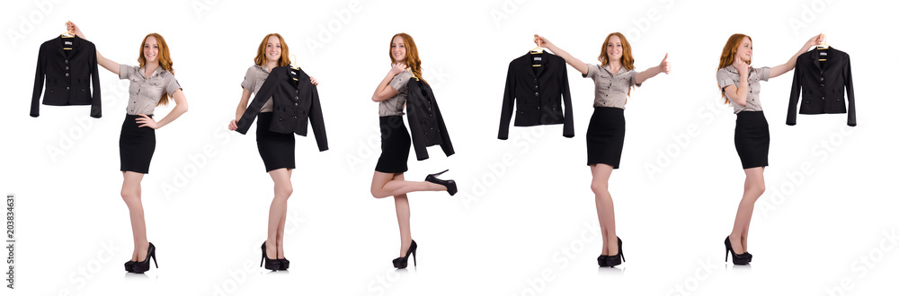 Woman choosing the dress isolated on white Woman choosing the dress isolated on white
