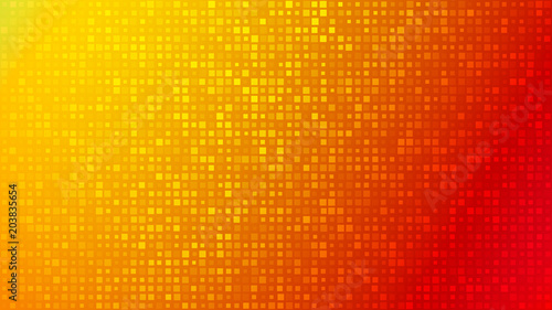 Abstract background of small squares or pixels of different sizes in red and orange colors.