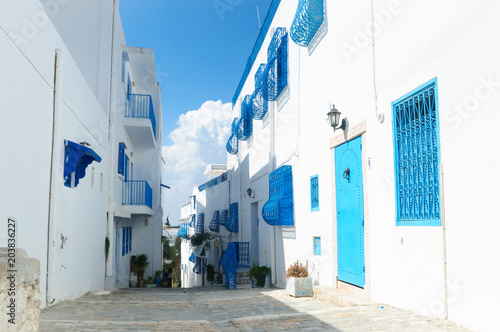 Narrow Tunis street with white houses. photo