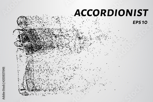 Accordion player from particles. The harmonist consists of dots and circles.