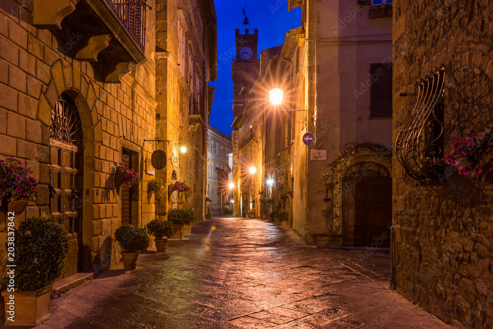 Beautiful alley in Pienza, Historic city, Old town, Tuscany, Italy