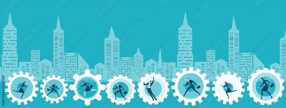 Modern city with skyscrapers and cogs rotated by business people on the way to success and business developing. 