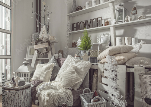 Interior decoration in white shabby look