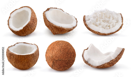 Fotografia Coconuts isolated on white background. Collection.