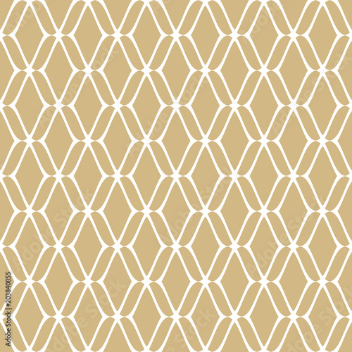 Golden mesh seamless pattern. Subtle vector abstract geometric ornament texture with thin curved lines  delicate mesh  net  grid  lattice  lace. Gold and white luxury background. Repeat design element