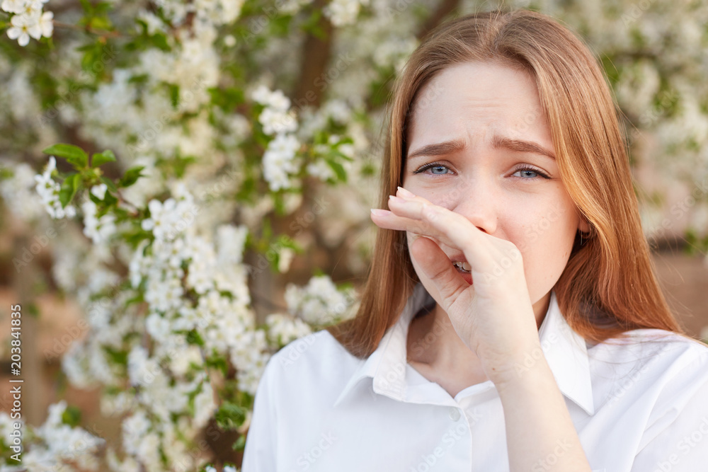 Outdoor shot of sad stressed beautiful young female rubs nose as has allergy to blossom, wears elegant white shirt, poses against blooming tree background. Cute girl sneezes beacause of allergy Outdoor shot of sad stressed beautiful young female rubs nose as has allergy to blossom, wears elegant white shirt, poses against blooming tree background. Cute girl sneezes beacause of allergy
