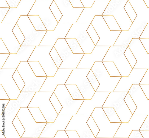 Seamless gold line geometric modern pattern. Background with hexagons. Golden texture.