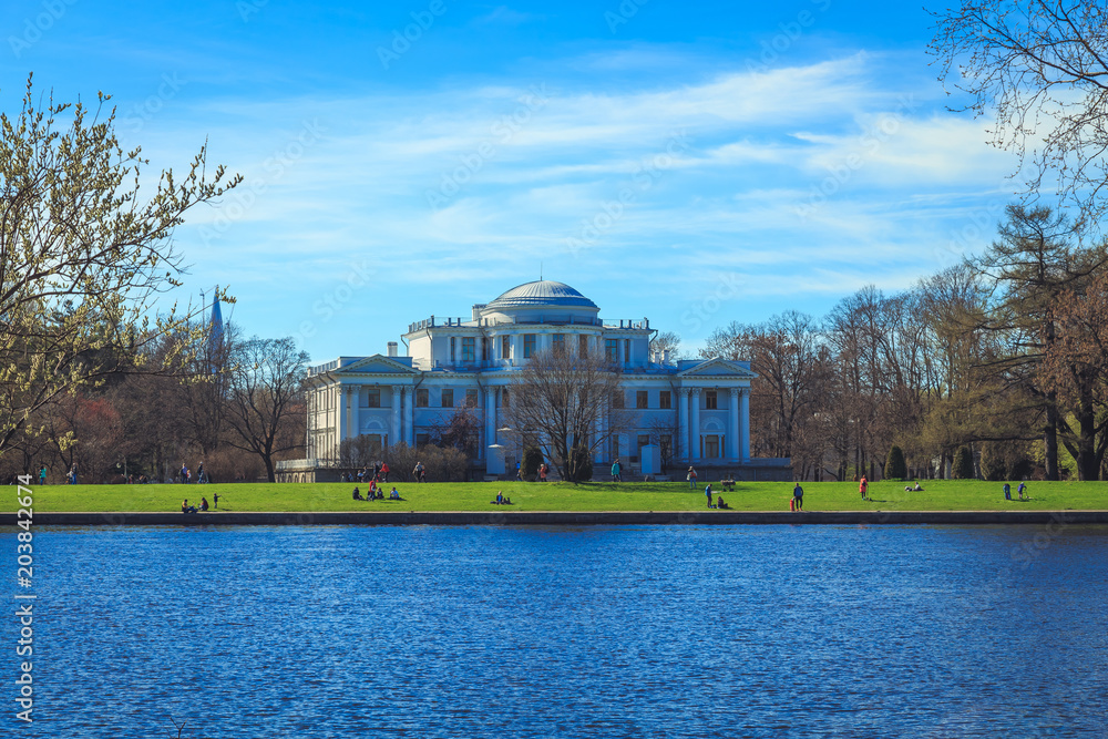 Elagin Palace on the Elagin Island in a park in St. Petersburg in the spring