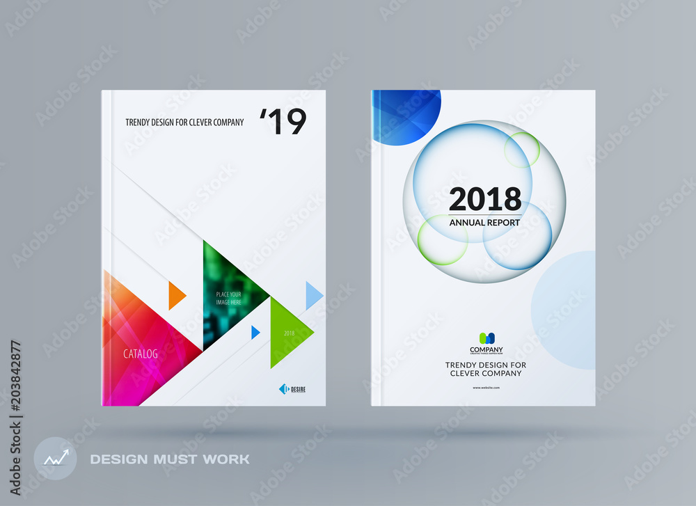 Brochure design triangular template. Colourful modern abstract set, annual report with triangles for branding.