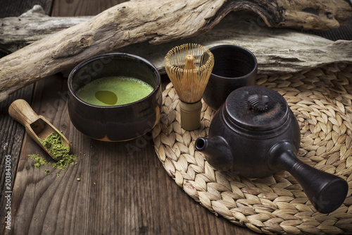 Plakat Tea set for matcha on wooden table