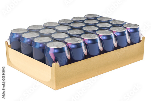 Package of metallic drink cans in shrink film, 3D rendering