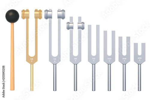 Set of tuning forks with silicone hammer  3D rendering