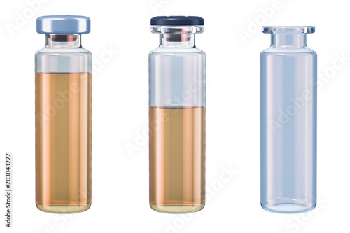 Set of vials with drug and empty, 3D rendering