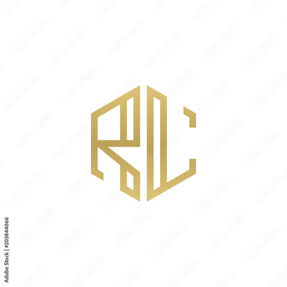 Initial letter RL, minimalist line art hexagon shape logo, gold color Initial letter RL, minimalist line art hexagon shape logo, gold color