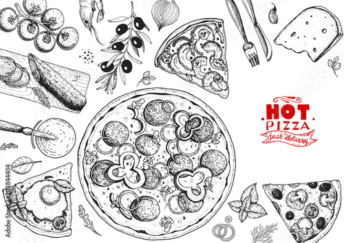 Italian pizza and ingredients top view frame. Italian food menu design template. Vintage hand drawn sketch, vector illustration. Engraved style illustration. Pizza label for menu.
