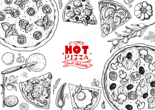 Italian pizza and ingredients top view frame. Italian food menu design template. Vintage hand drawn sketch, vector illustration. Engraved style illustration. Pizza label for menu.