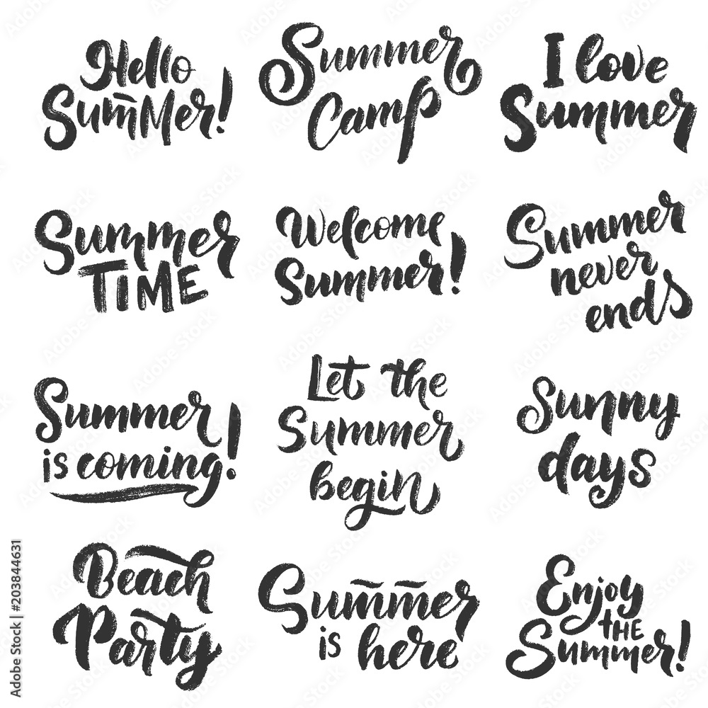 Vector hand drawn set with lettering about Summer. Isolated calligraphy for travel agency, beach party. Great design for postcard, print or poster. Vector hand drawn set with lettering about Summer. Isolated calligraphy for travel agency, beach party. Great design for postcard, print or poster.
