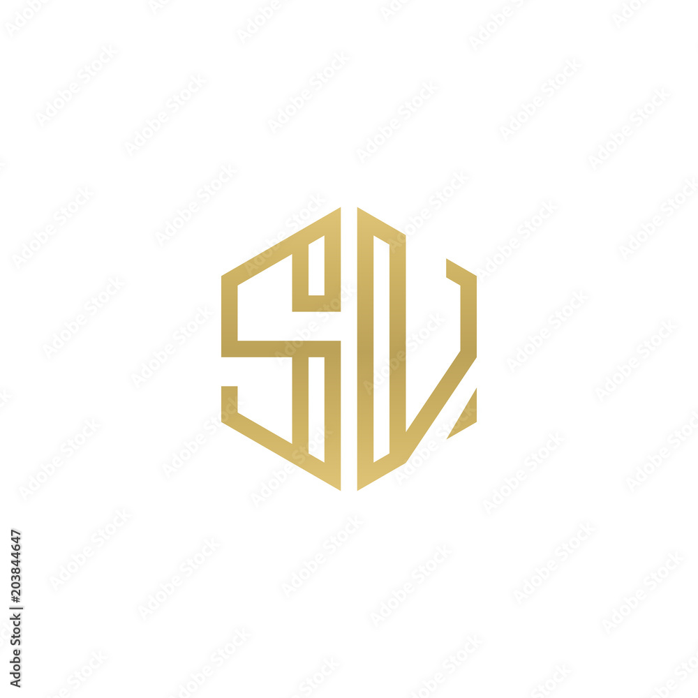 Initial letter SV, minimalist line art hexagon shape logo, gold color Initial letter SV, minimalist line art hexagon shape logo, gold color