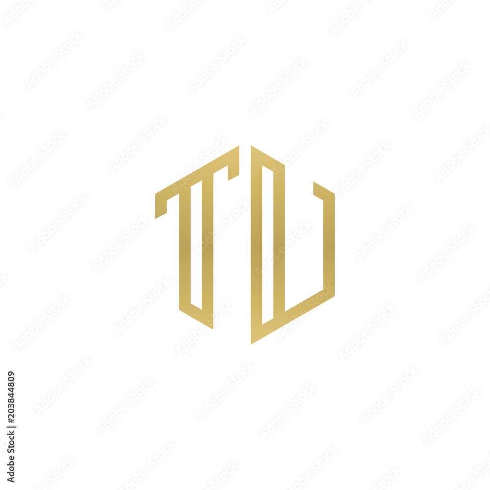 Initial letter TU, minimalist line art hexagon shape logo, gold color Initial letter TU, minimalist line art hexagon shape logo, gold color