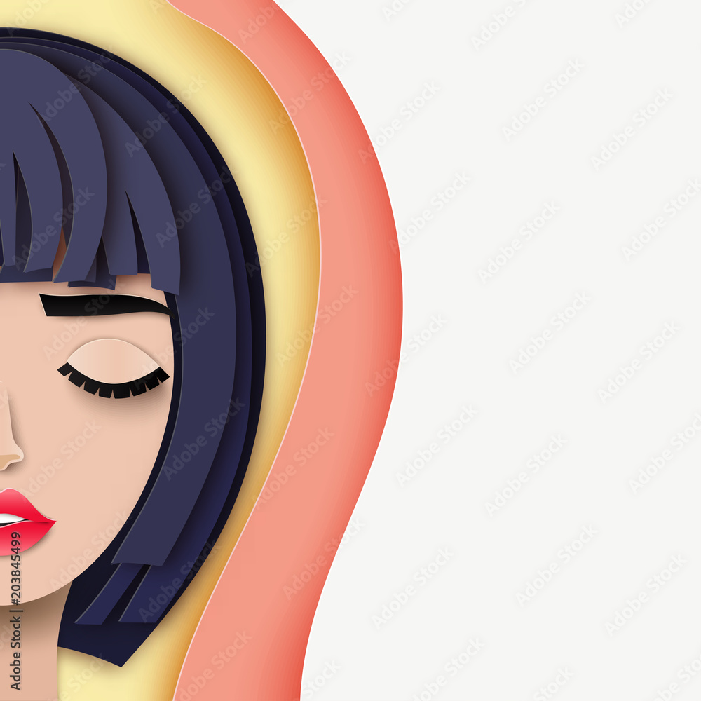 Fototapeta premium Vector portrait of young beautiful woman with short hair. Modern digital paper layered art. Origami style. Beauty and fashion concept