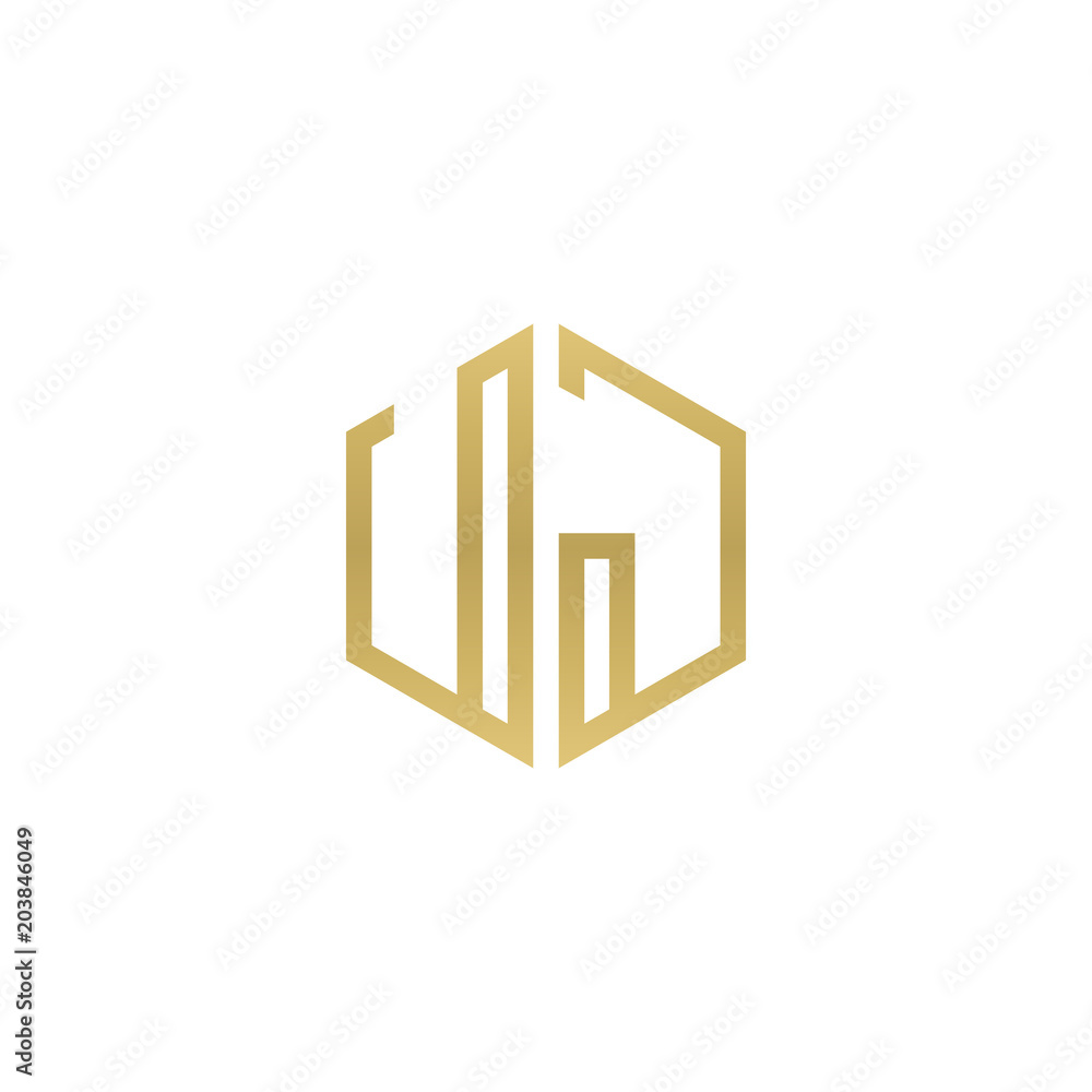 Initial letter UJ, minimalist line art hexagon shape logo, gold color Initial letter UJ, minimalist line art hexagon shape logo, gold color