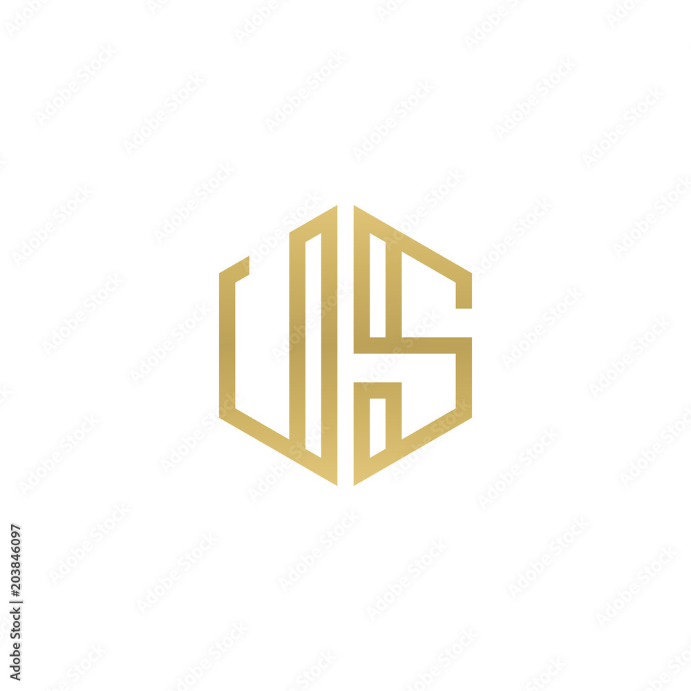 Initial letter US, minimalist line art hexagon shape logo, gold color Initial letter US, minimalist line art hexagon shape logo, gold color