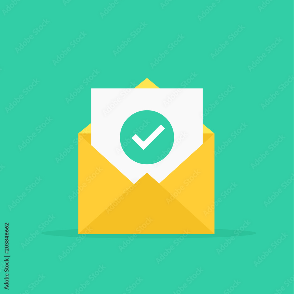 Envelope and document and round green check mark icon. Vector illustration. Envelope and document and round green check mark icon. Vector illustration.